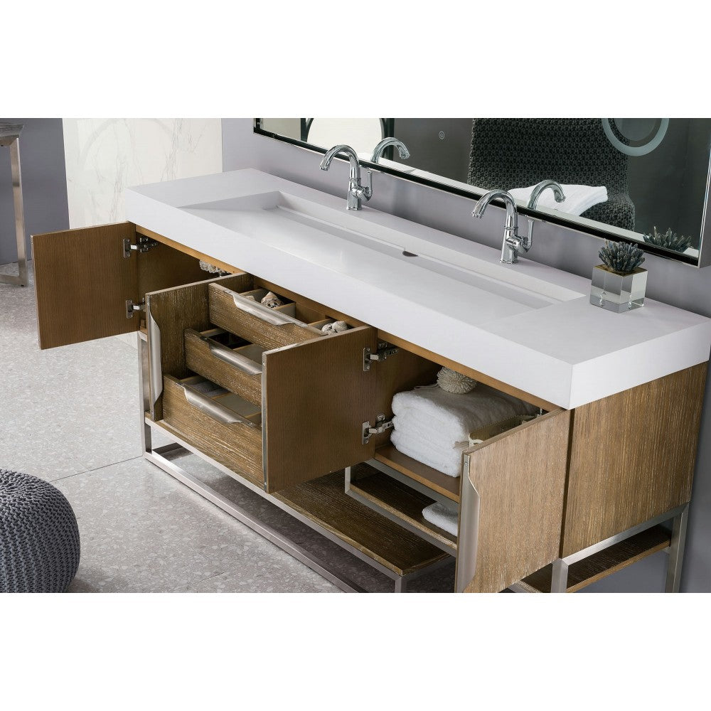 Columbia 72" Double Vanity, Latte Oak w/ Glossy White Composite Top