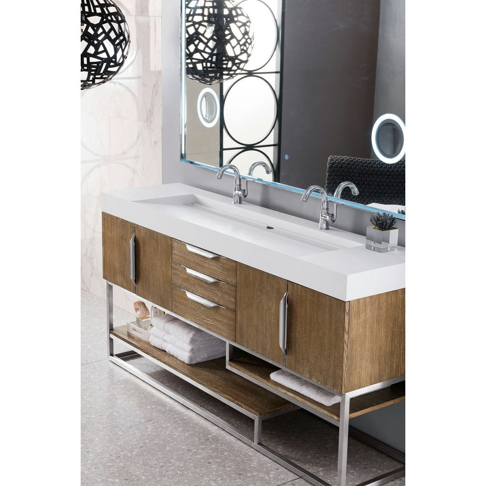 Columbia 72" Double Vanity, Latte Oak w/ Glossy White Composite Top