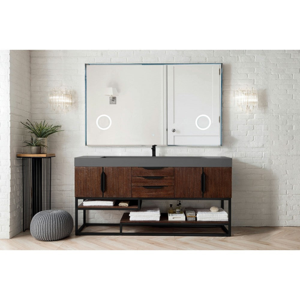 Columbia 72" Single Vanity Coffee Oak Black w/Dusk Gray Glossy Composite Top