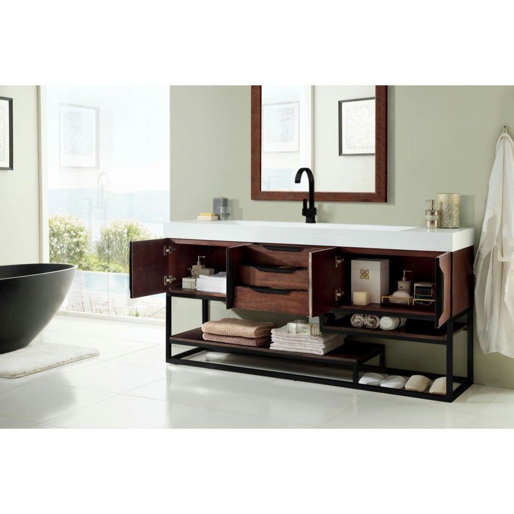 Columbia 72" Single Vanity Coffee Oak Matte Black w/ Glossy White Composite Top