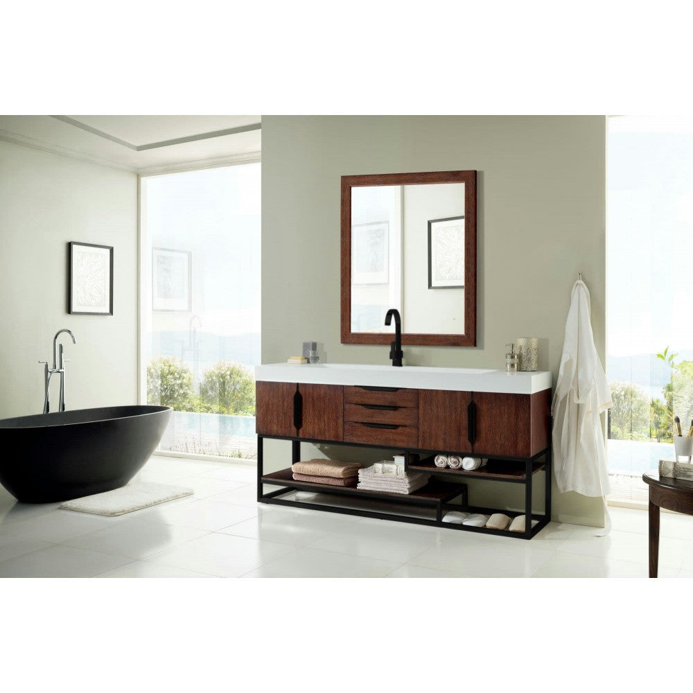 Columbia 72" Single Vanity Coffee Oak Matte Black w/ Glossy White Composite Top