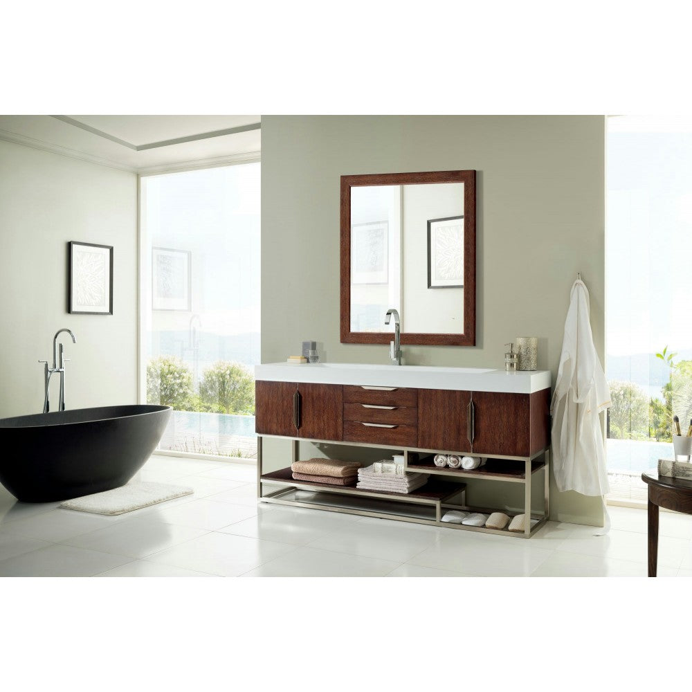Columbia 72" Single Vanity, Coffee Oak w/ Glossy White Composite Top