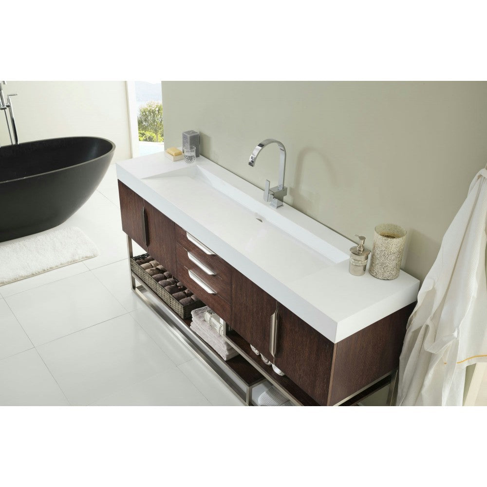 Columbia 72" Single Vanity, Coffee Oak w/ Glossy White Composite Top