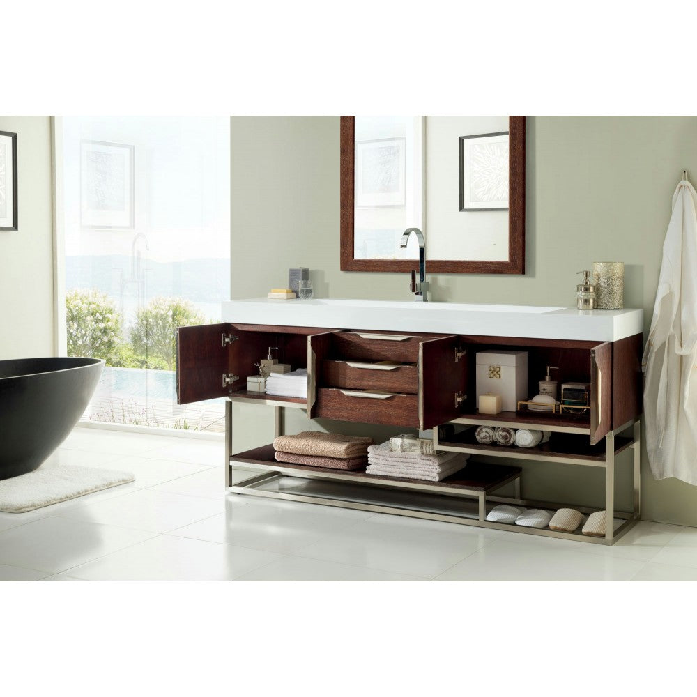 Columbia 72" Single Vanity, Coffee Oak w/ Glossy White Composite Top