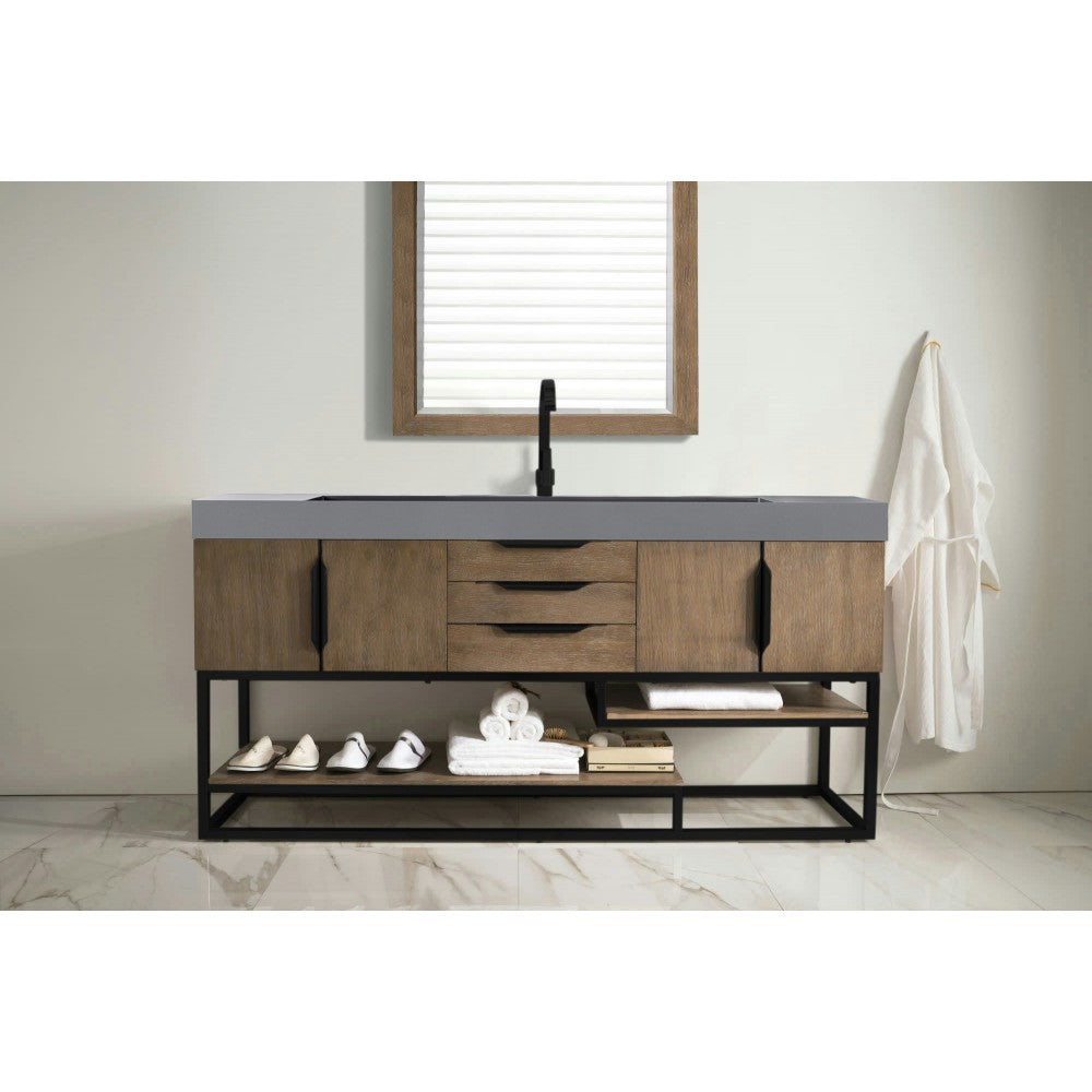 Columbia 72" Single Vanity Latte Oak Black w/Dusk Gray Glossy Composite Top