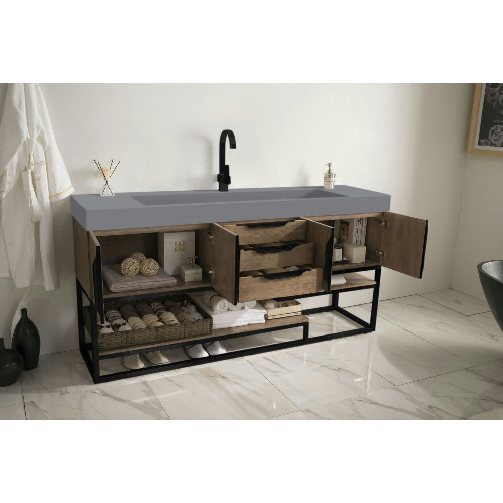 Columbia 72" Single Vanity Latte Oak Black w/Dusk Gray Glossy Composite Top