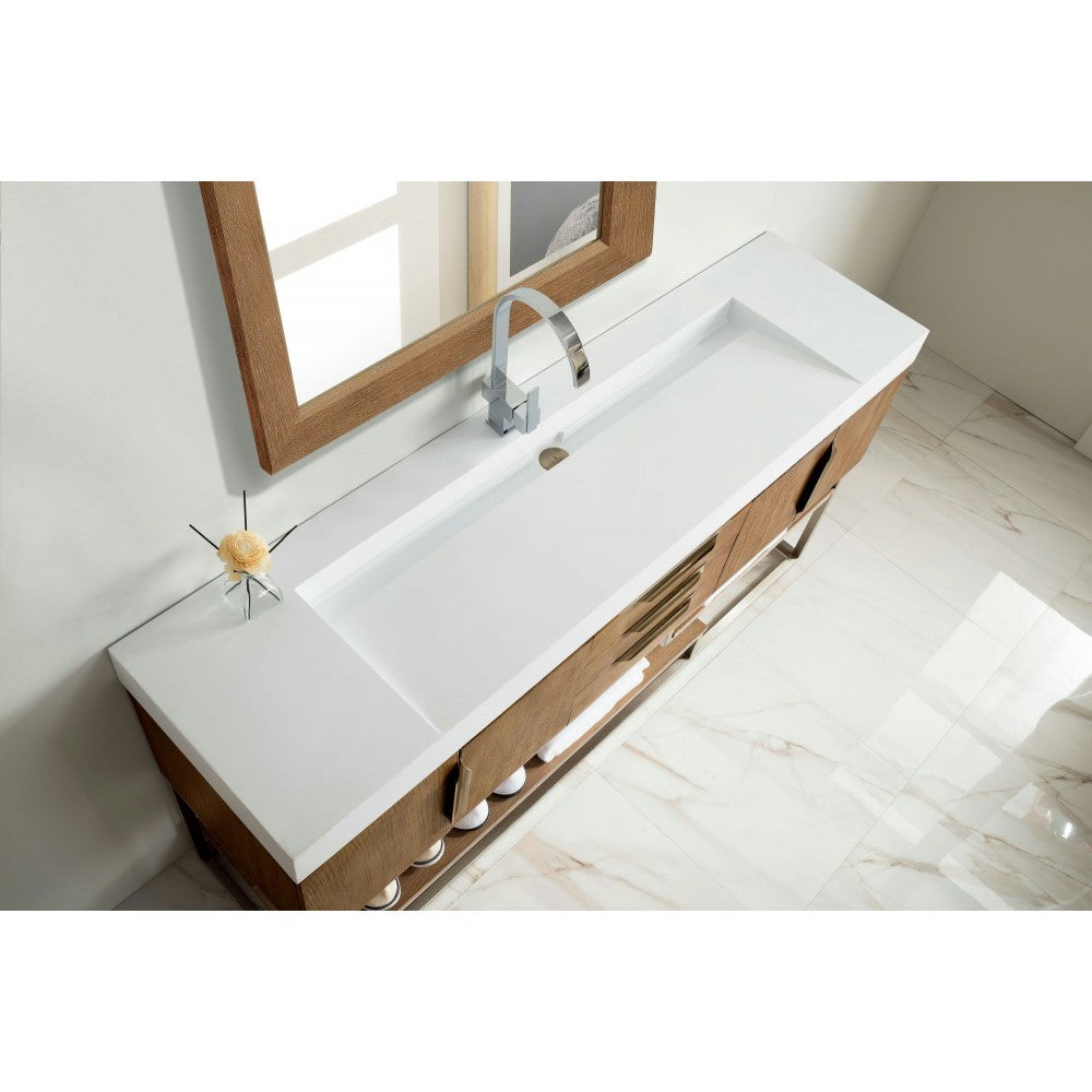 Columbia 72" Single Vanity, Latte Oak w/ Glossy White Composite Top