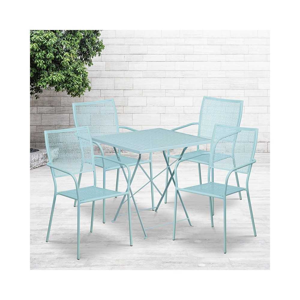 Commercial Grade 28" Square Sky Blue Indoor-Outdoor Steel Folding Patio Table Set with 4 Square Back Chairs