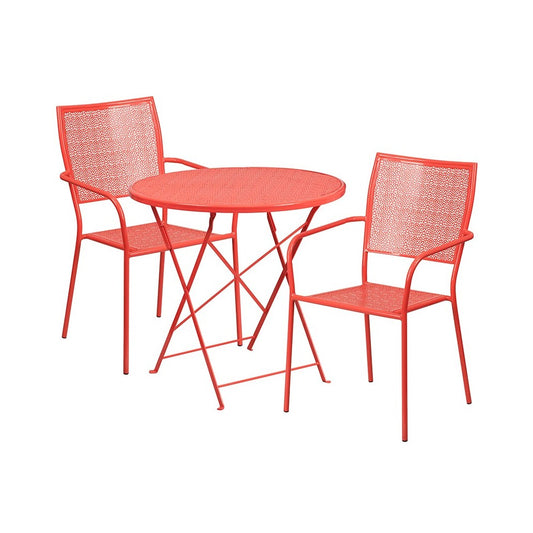 Commercial Grade 30" Round Coral Indoor-Outdoor Steel Folding Patio Table Set with 2 Square Back Chairs