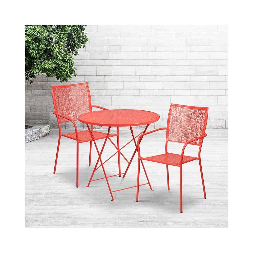 Commercial Grade 30" Round Coral Indoor-Outdoor Steel Folding Patio Table Set with 2 Square Back Chairs