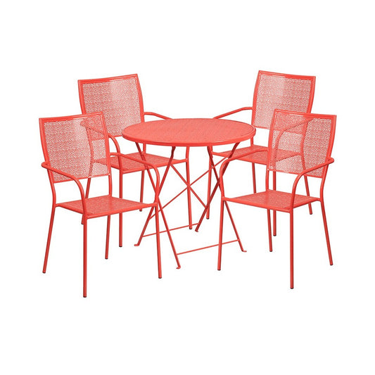 Commercial Grade 30" Round Coral Indoor-Outdoor Steel Folding Patio Table Set with 4 Square Back Chairs