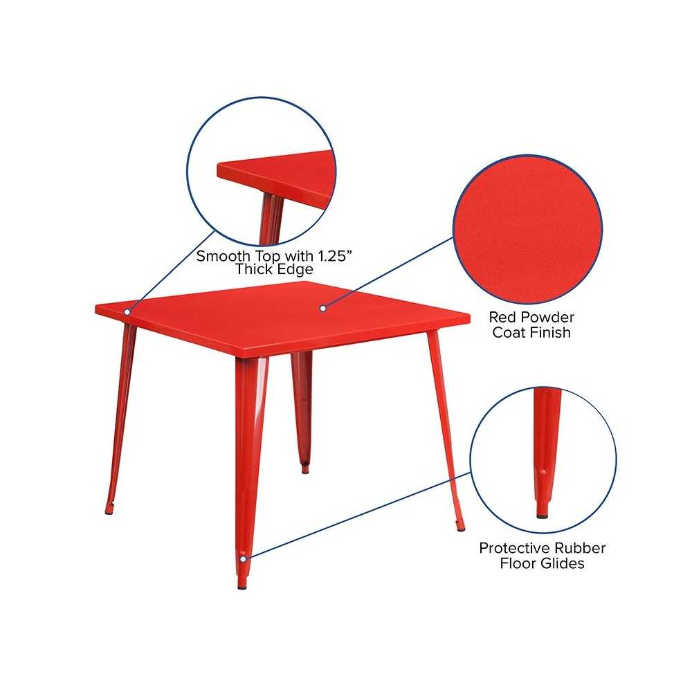 Commercial Grade 35.5" Square Red Metal Indoor-Outdoor Table