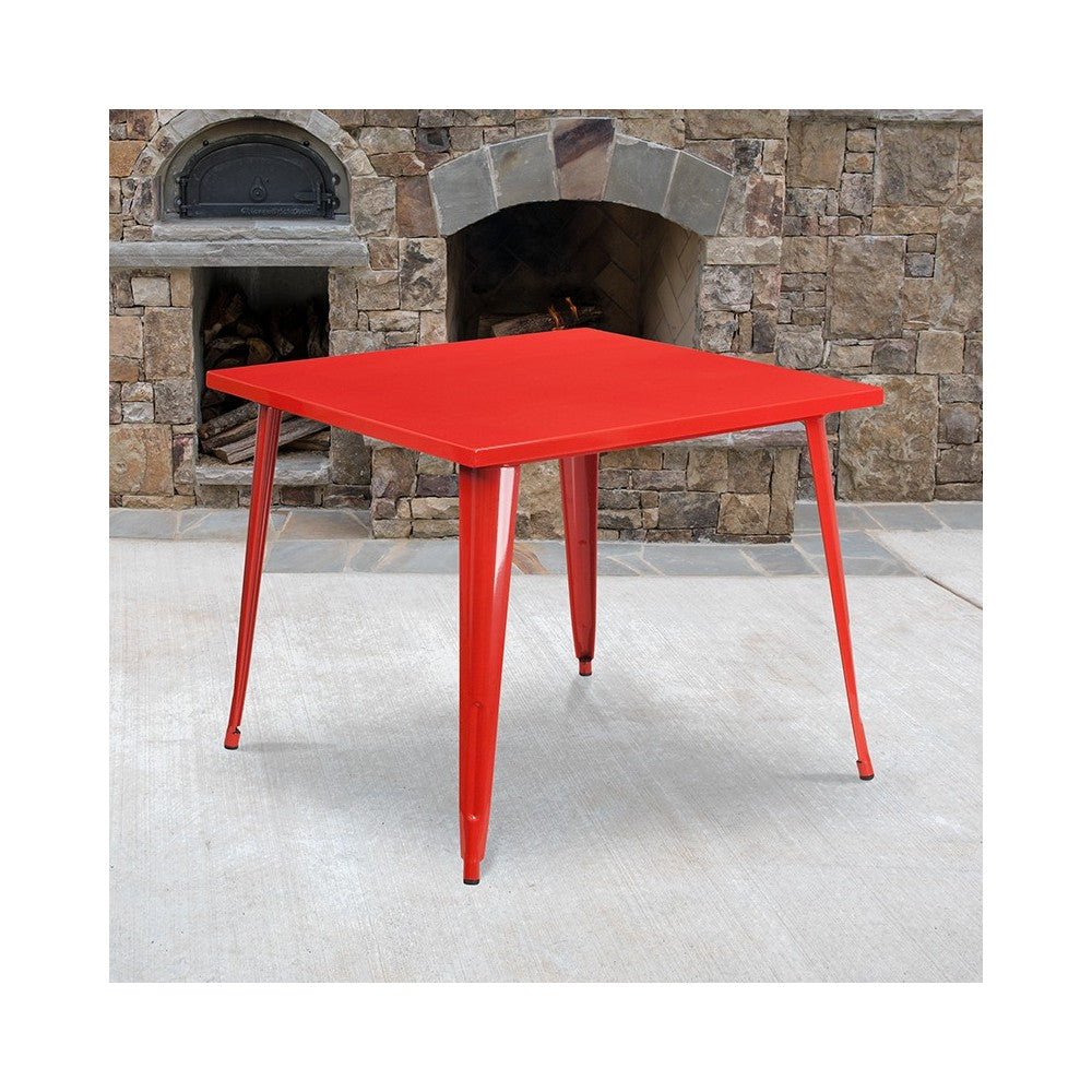 Commercial Grade 35.5" Square Red Metal Indoor-Outdoor Table