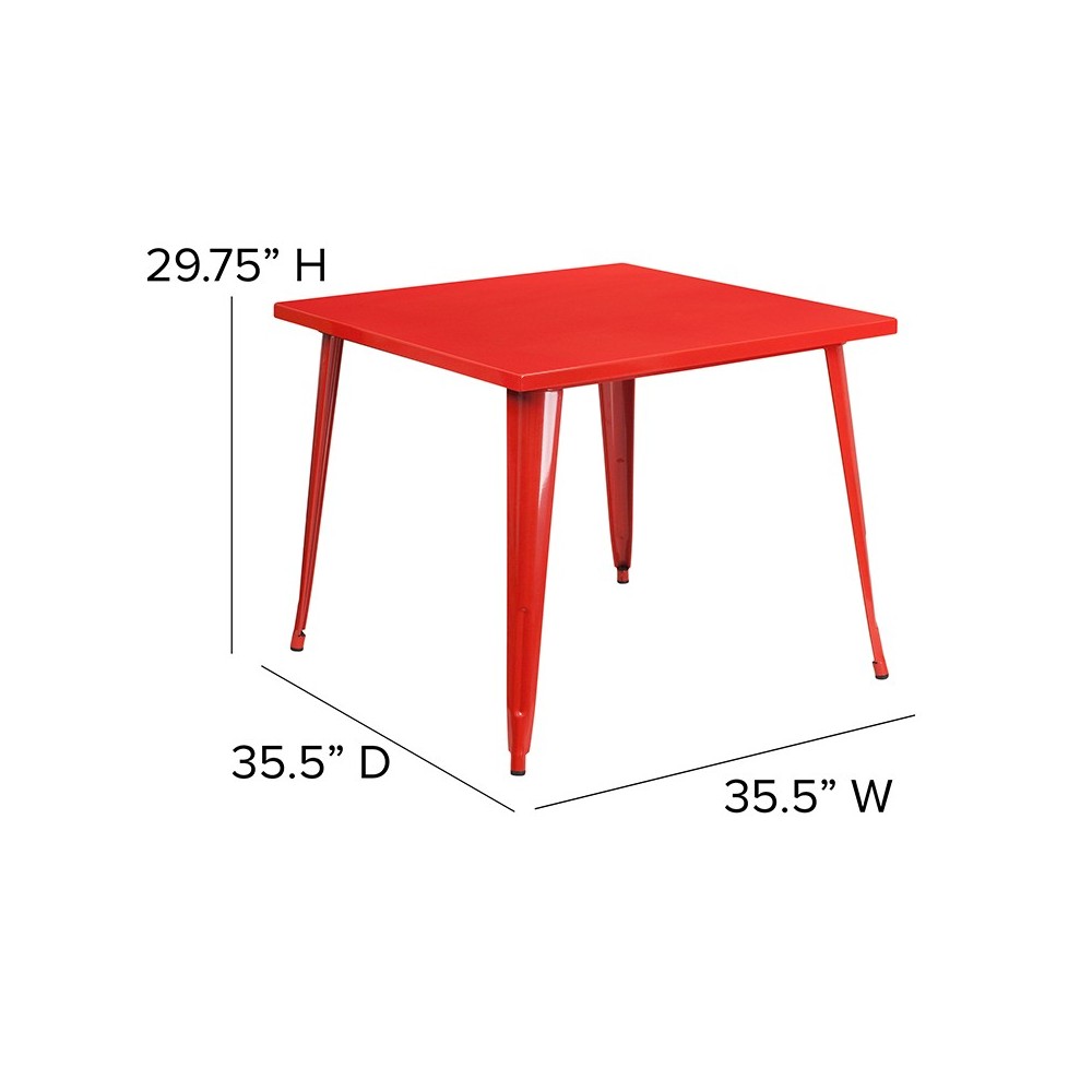 Commercial Grade 35.5" Square Red Metal Indoor-Outdoor Table