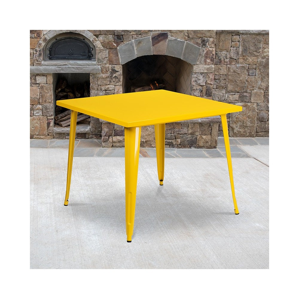 Commercial Grade 35.5" Square Yellow Metal Indoor-Outdoor Table