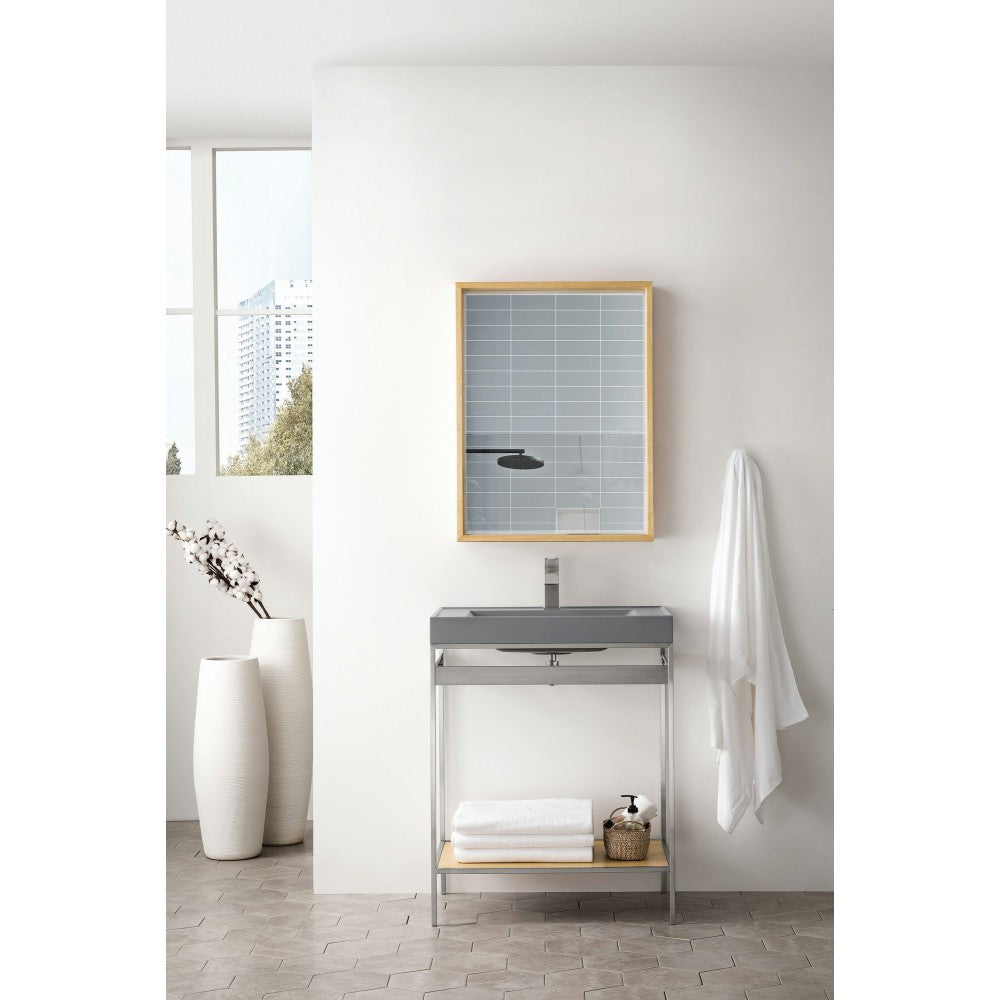 Como 27.6" Sink Console, Brushed Nickel, Natural Ash w/Modern Gray Composite Top