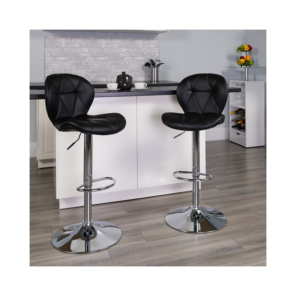 Contemporary Black Vinyl Adjustable Height Barstool with Diamond Stitched Back and Chrome Base