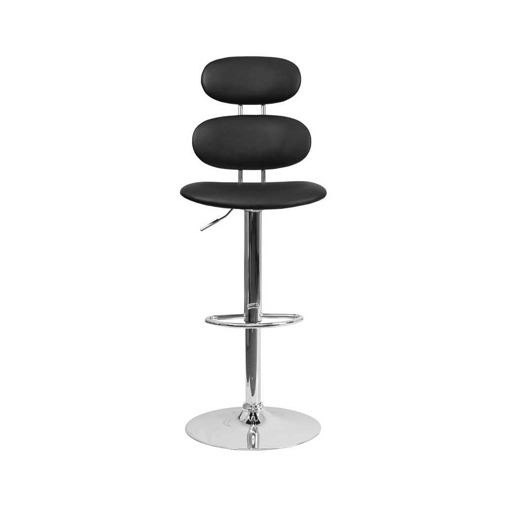 Contemporary Black Vinyl Adjustable Height Barstool with Ellipse Back and Chrome Base