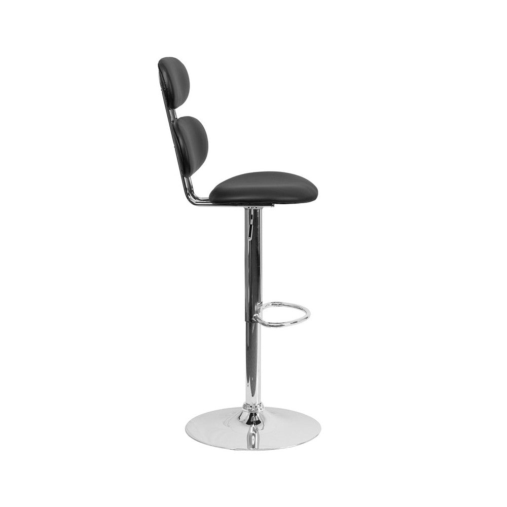 Contemporary Black Vinyl Adjustable Height Barstool with Ellipse Back and Chrome Base