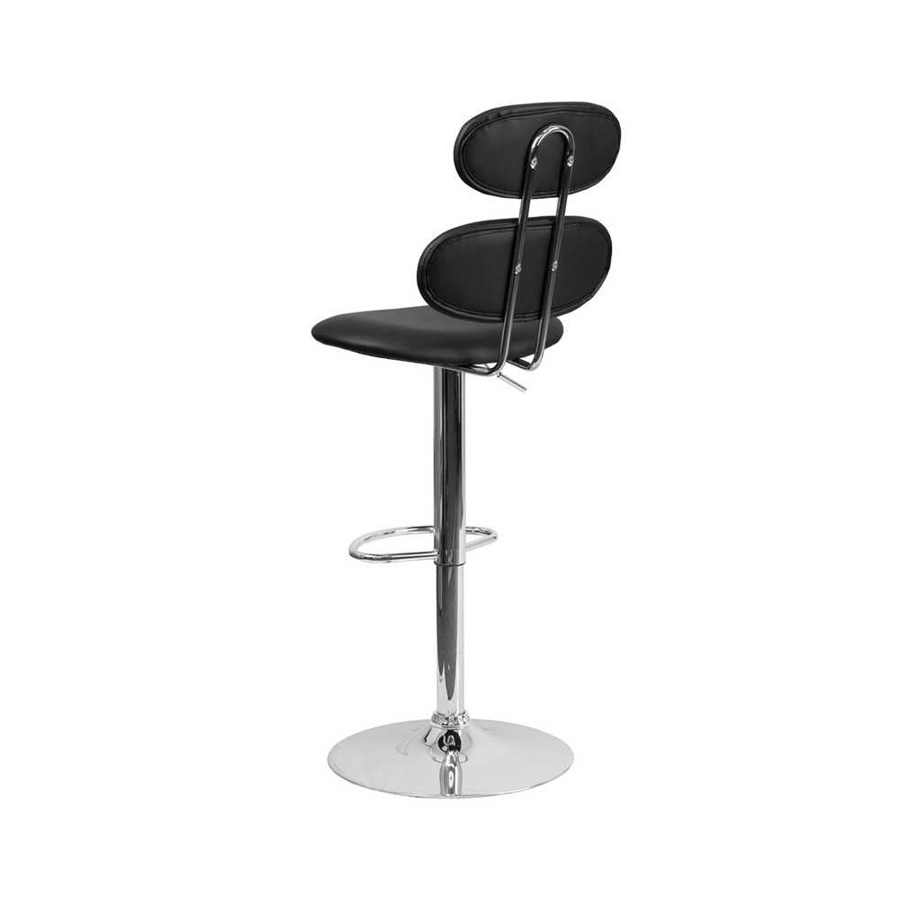 Contemporary Black Vinyl Adjustable Height Barstool with Ellipse Back and Chrome Base