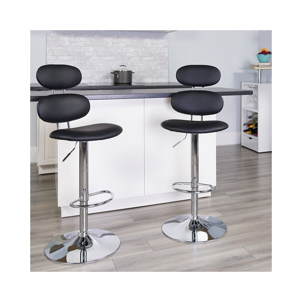 Contemporary Black Vinyl Adjustable Height Barstool with Ellipse Back and Chrome Base