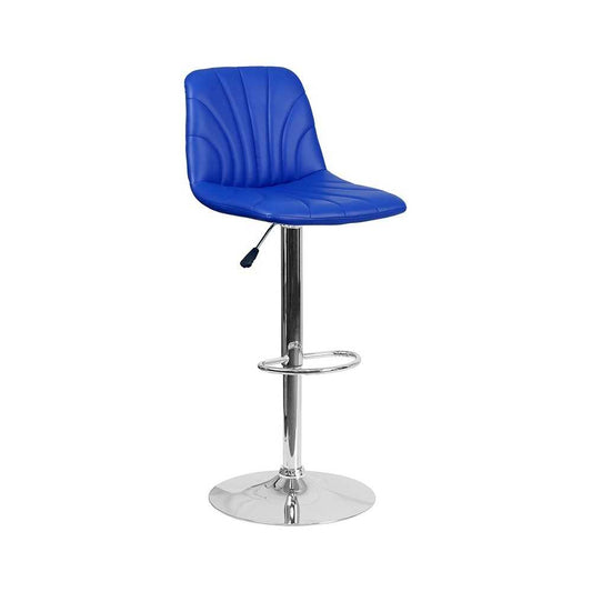 Contemporary Blue Vinyl Adjustable Height Barstool with Embellished Stitch Design and Chrome Base