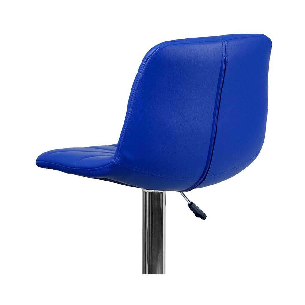 Contemporary Blue Vinyl Adjustable Height Barstool with Embellished Stitch Design and Chrome Base