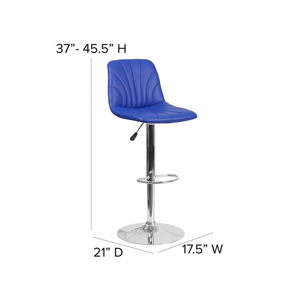 Contemporary Blue Vinyl Adjustable Height Barstool with Embellished Stitch Design and Chrome Base