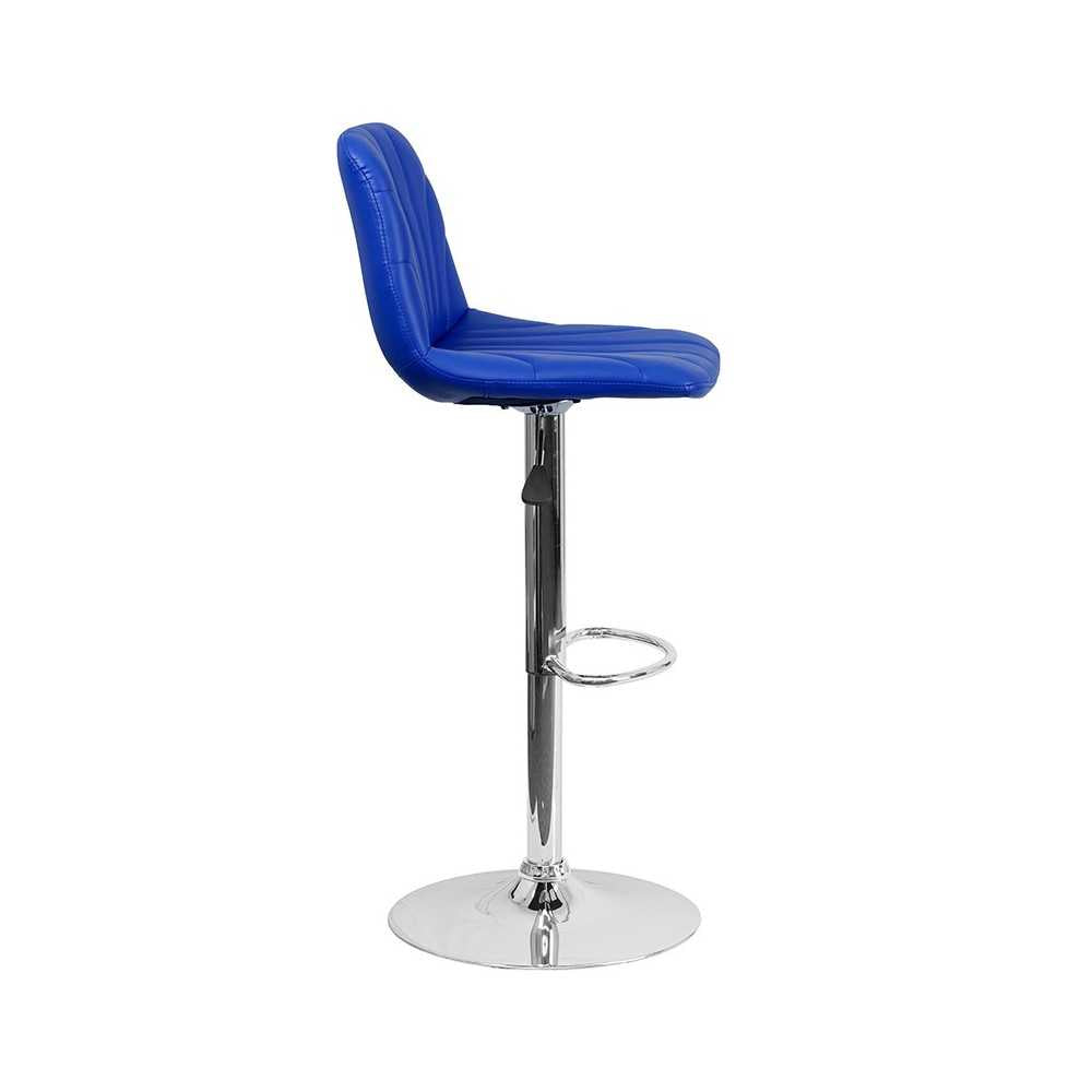 Contemporary Blue Vinyl Adjustable Height Barstool with Embellished Stitch Design and Chrome Base