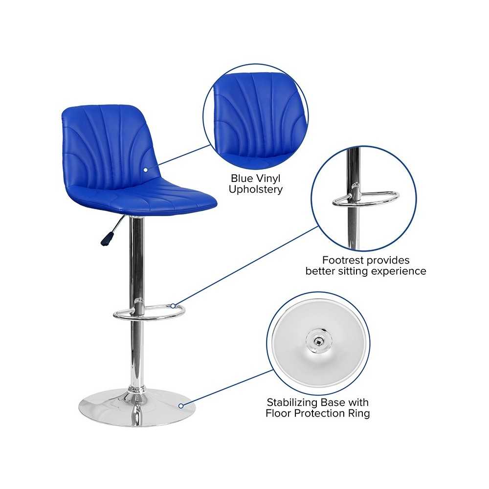 Contemporary Blue Vinyl Adjustable Height Barstool with Embellished Stitch Design and Chrome Base