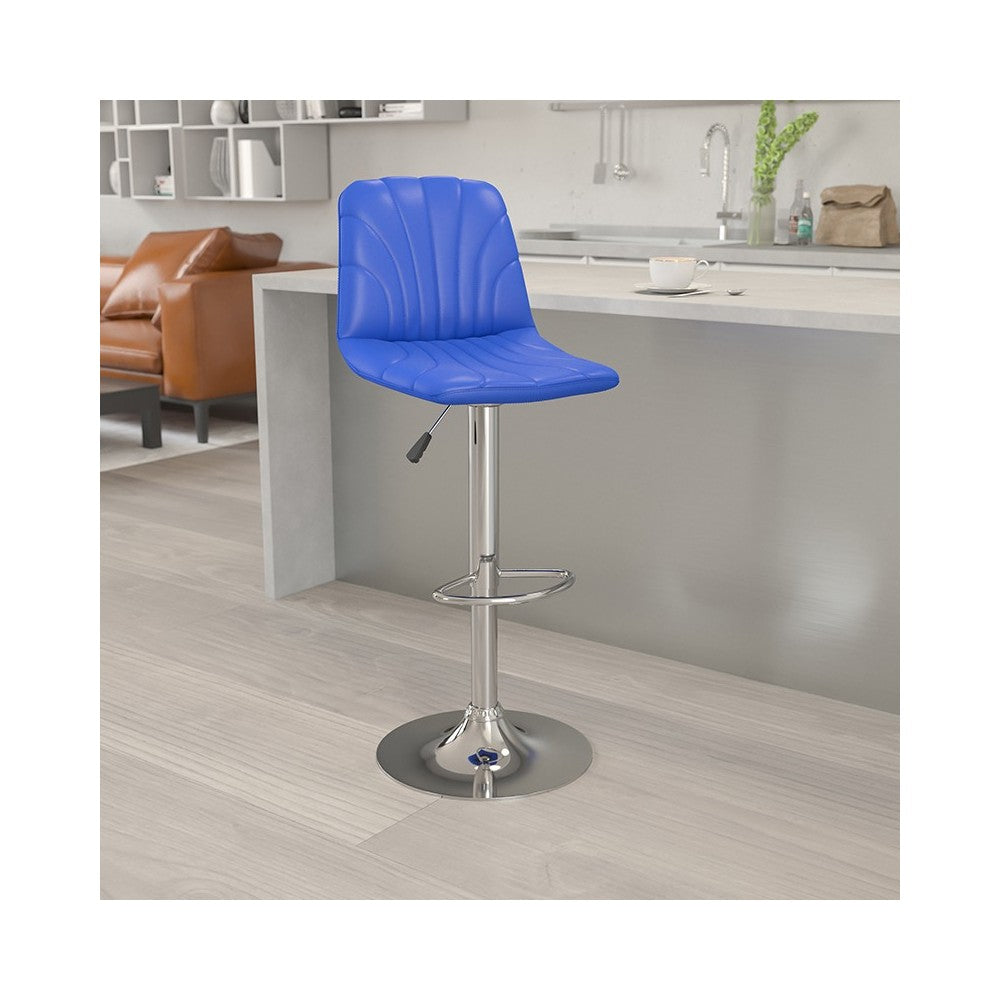 Contemporary Blue Vinyl Adjustable Height Barstool with Embellished Stitch Design and Chrome Base