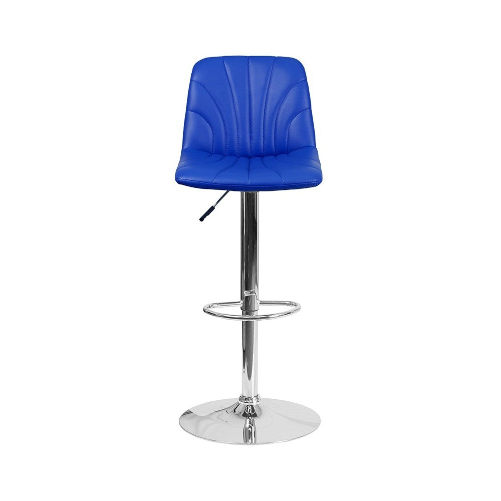 Contemporary Blue Vinyl Adjustable Height Barstool with Embellished Stitch Design and Chrome Base