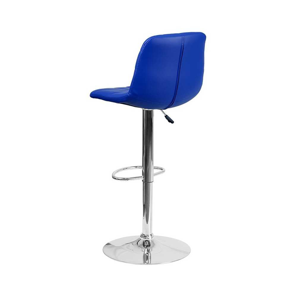 Contemporary Blue Vinyl Adjustable Height Barstool with Embellished Stitch Design and Chrome Base