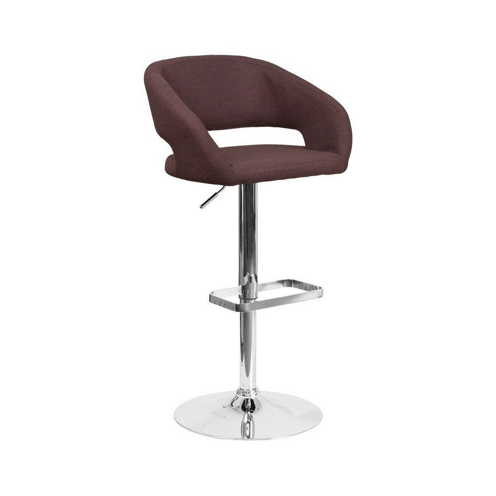 Contemporary Brown Fabric Adjustable Height Barstool with Rounded Mid-Back and Chrome Base