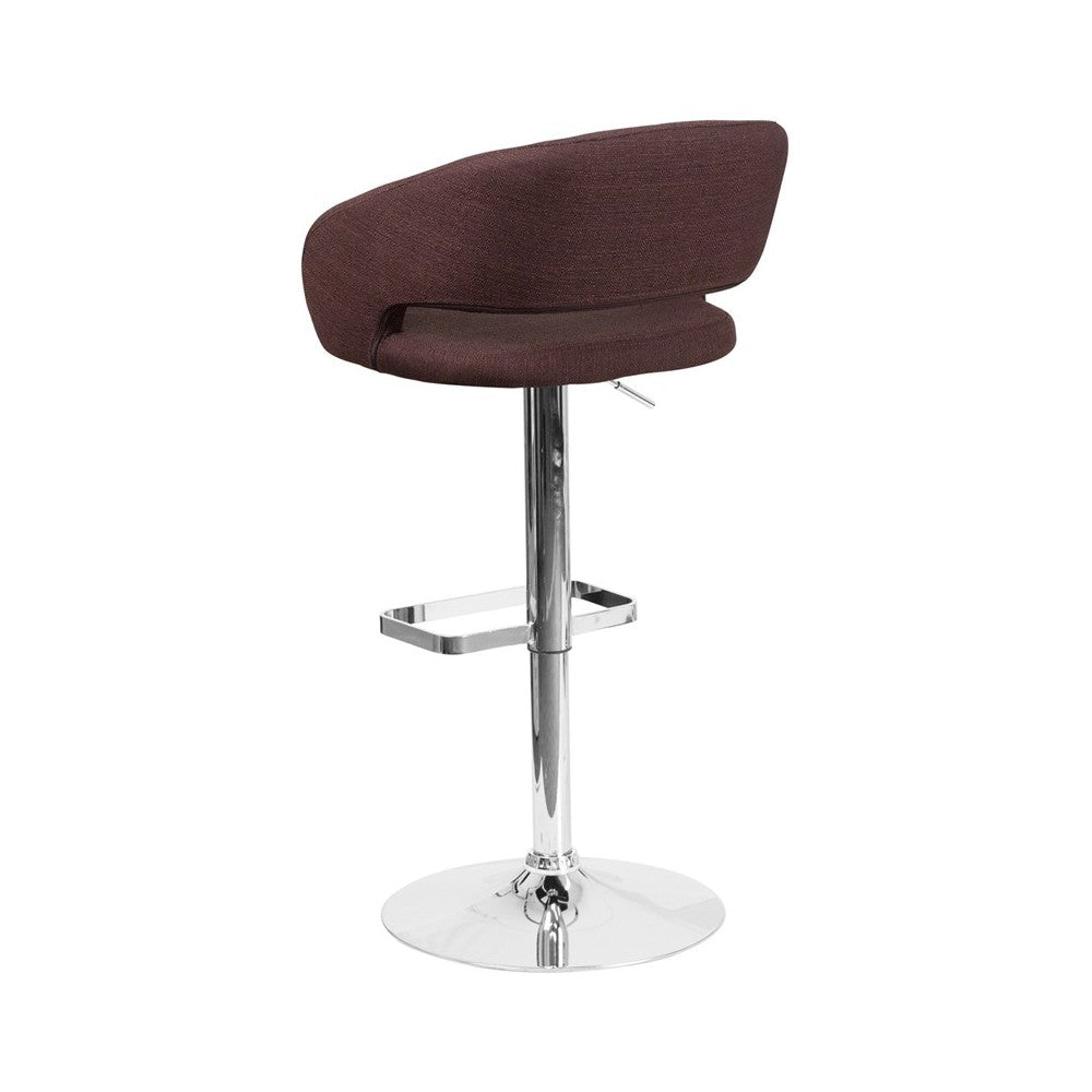 Contemporary Brown Fabric Adjustable Height Barstool with Rounded Mid-Back and Chrome Base