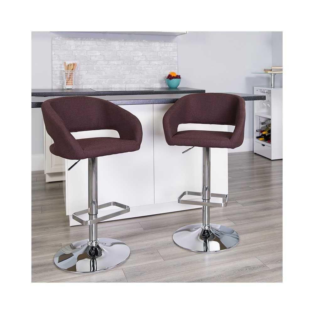 Contemporary Brown Fabric Adjustable Height Barstool with Rounded Mid-Back and Chrome Base