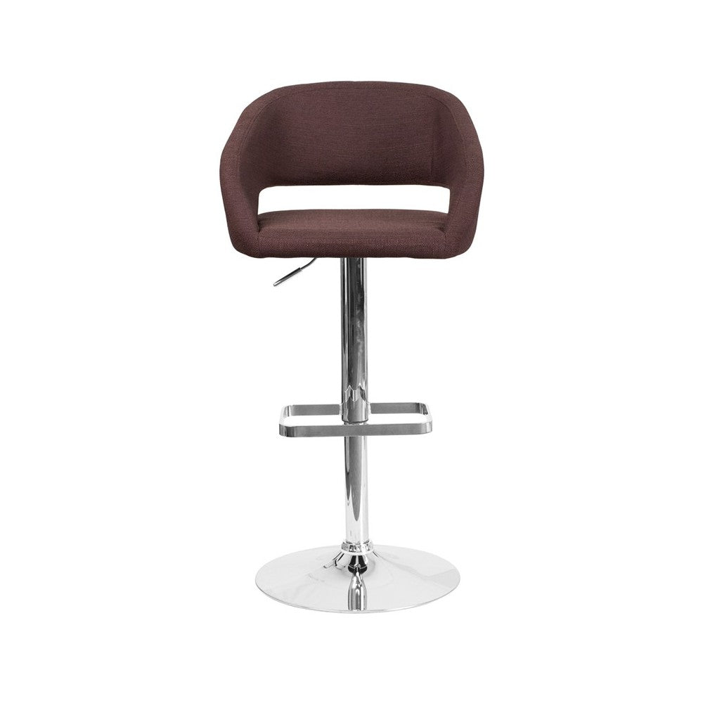 Contemporary Brown Fabric Adjustable Height Barstool with Rounded Mid-Back and Chrome Base