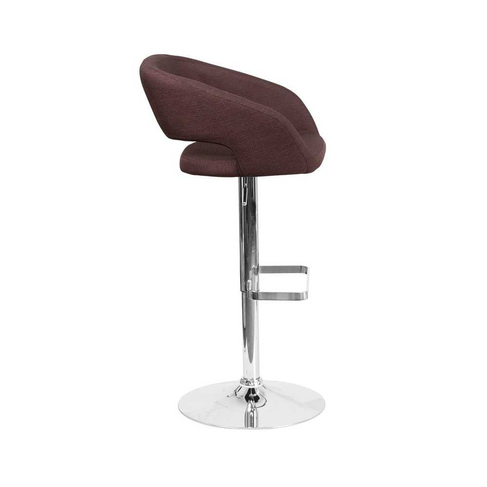 Contemporary Brown Fabric Adjustable Height Barstool with Rounded Mid-Back and Chrome Base