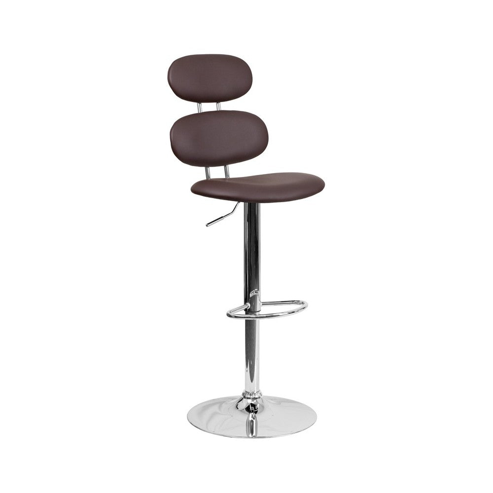 Contemporary Brown Vinyl Adjustable Height Barstool with Ellipse Back and Chrome Base