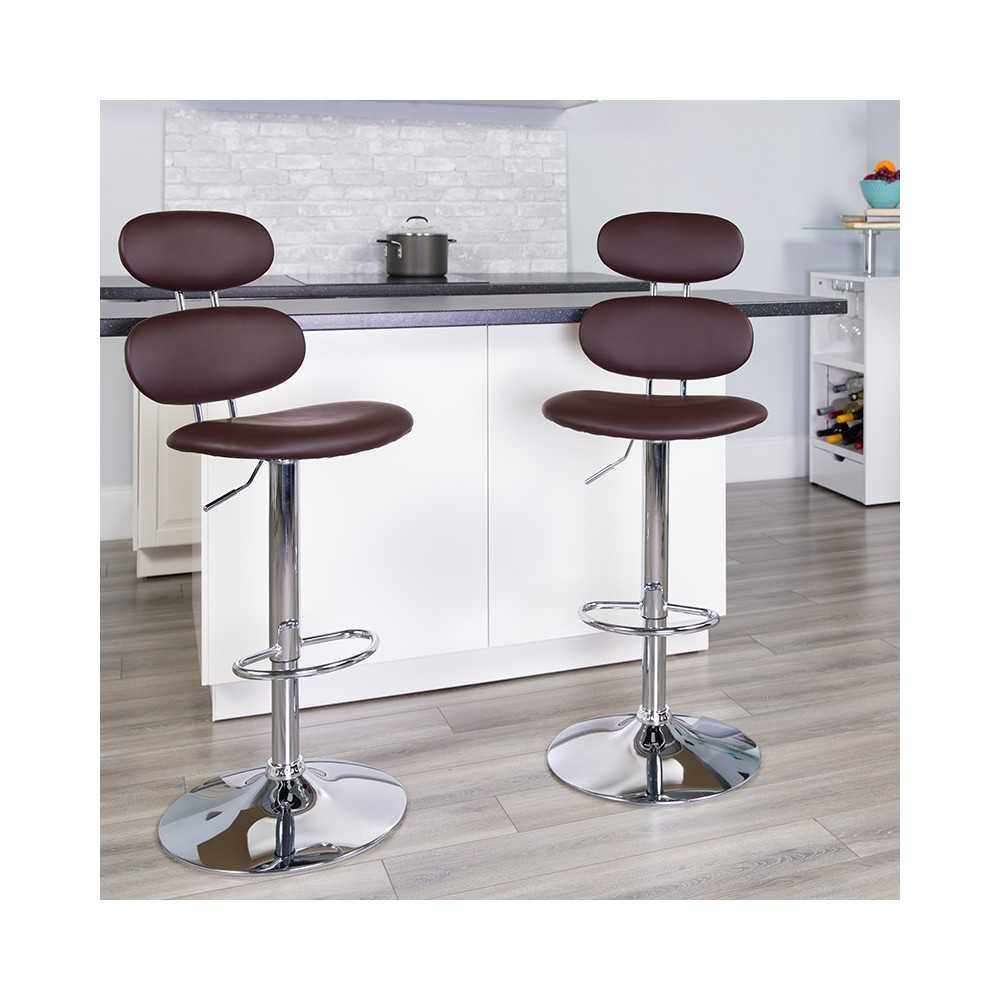 Contemporary Brown Vinyl Adjustable Height Barstool with Ellipse Back and Chrome Base