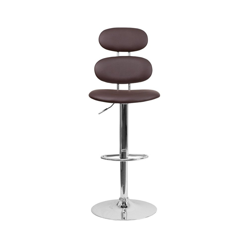 Contemporary Brown Vinyl Adjustable Height Barstool with Ellipse Back and Chrome Base