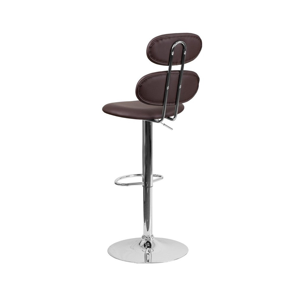 Contemporary Brown Vinyl Adjustable Height Barstool with Ellipse Back and Chrome Base