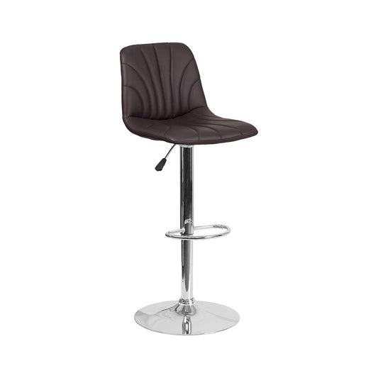 Contemporary Brown Vinyl Adjustable Height Barstool with Embellished Stitch Design and Chrome Base