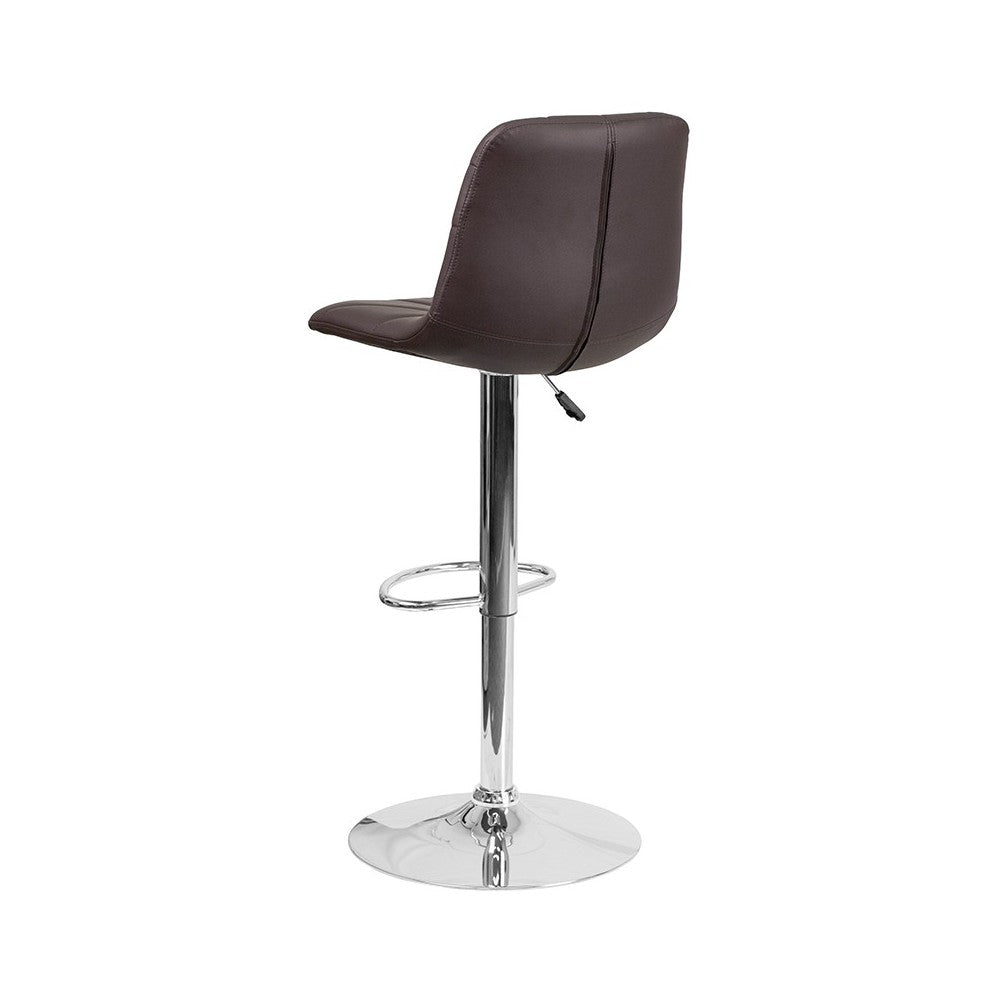 Contemporary Brown Vinyl Adjustable Height Barstool with Embellished Stitch Design and Chrome Base