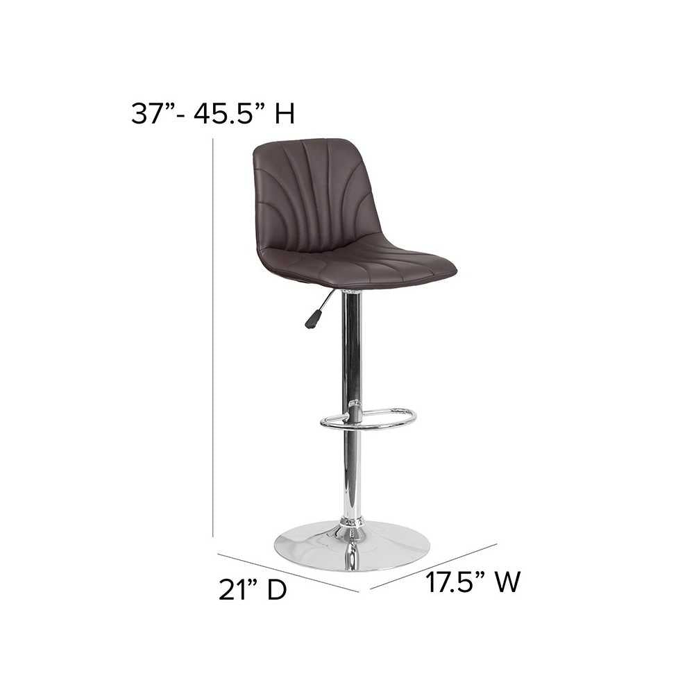 Contemporary Brown Vinyl Adjustable Height Barstool with Embellished Stitch Design and Chrome Base