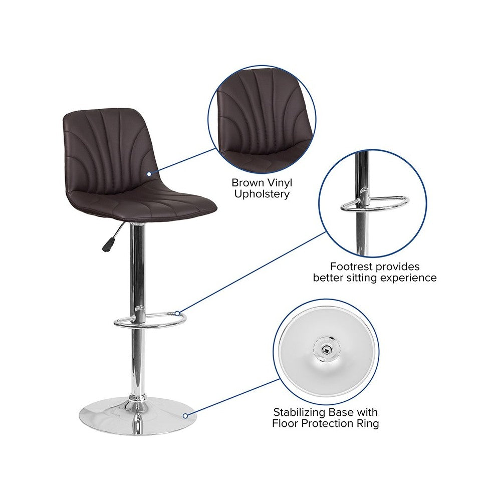 Contemporary Brown Vinyl Adjustable Height Barstool with Embellished Stitch Design and Chrome Base