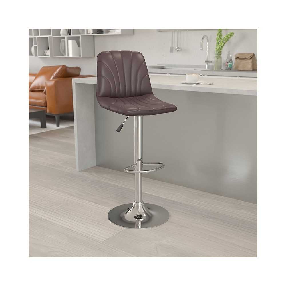 Contemporary Brown Vinyl Adjustable Height Barstool with Embellished Stitch Design and Chrome Base