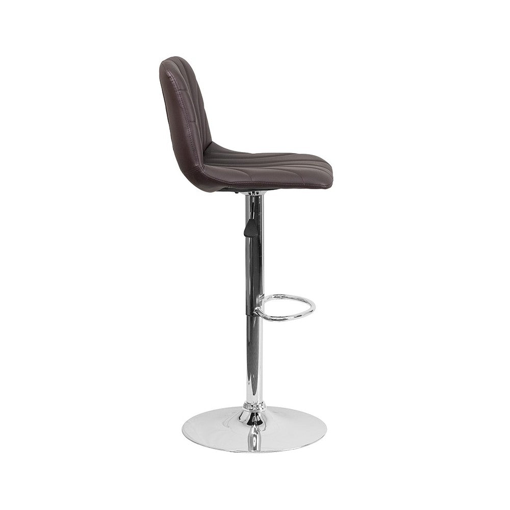 Contemporary Brown Vinyl Adjustable Height Barstool with Embellished Stitch Design and Chrome Base