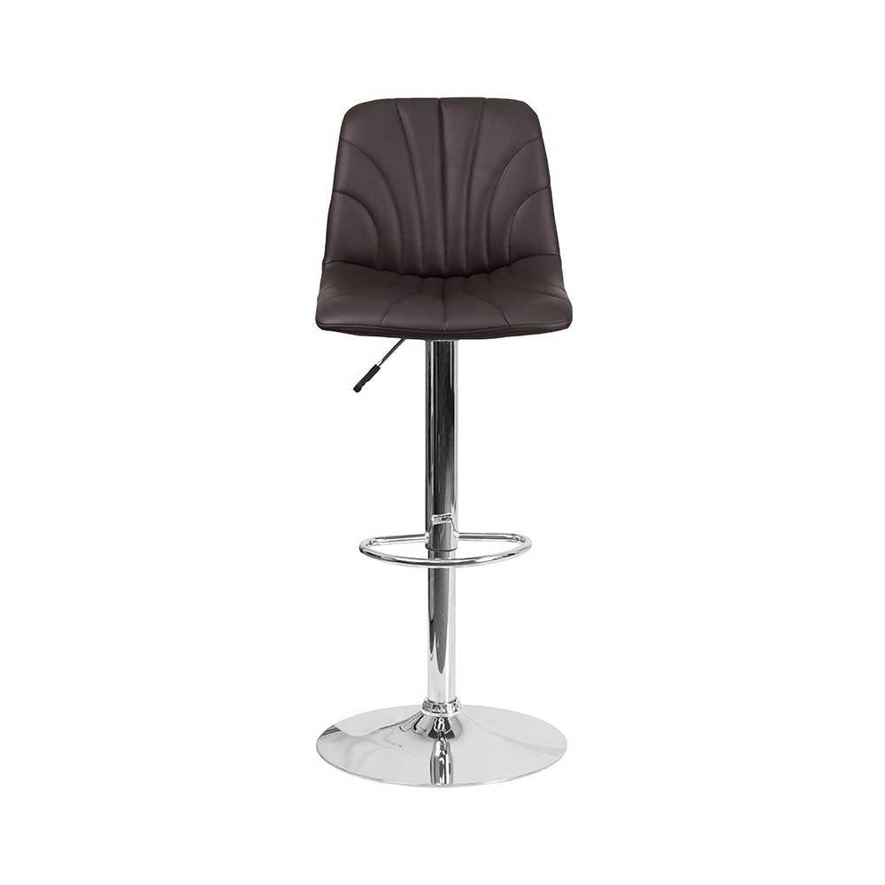 Contemporary Brown Vinyl Adjustable Height Barstool with Embellished Stitch Design and Chrome Base