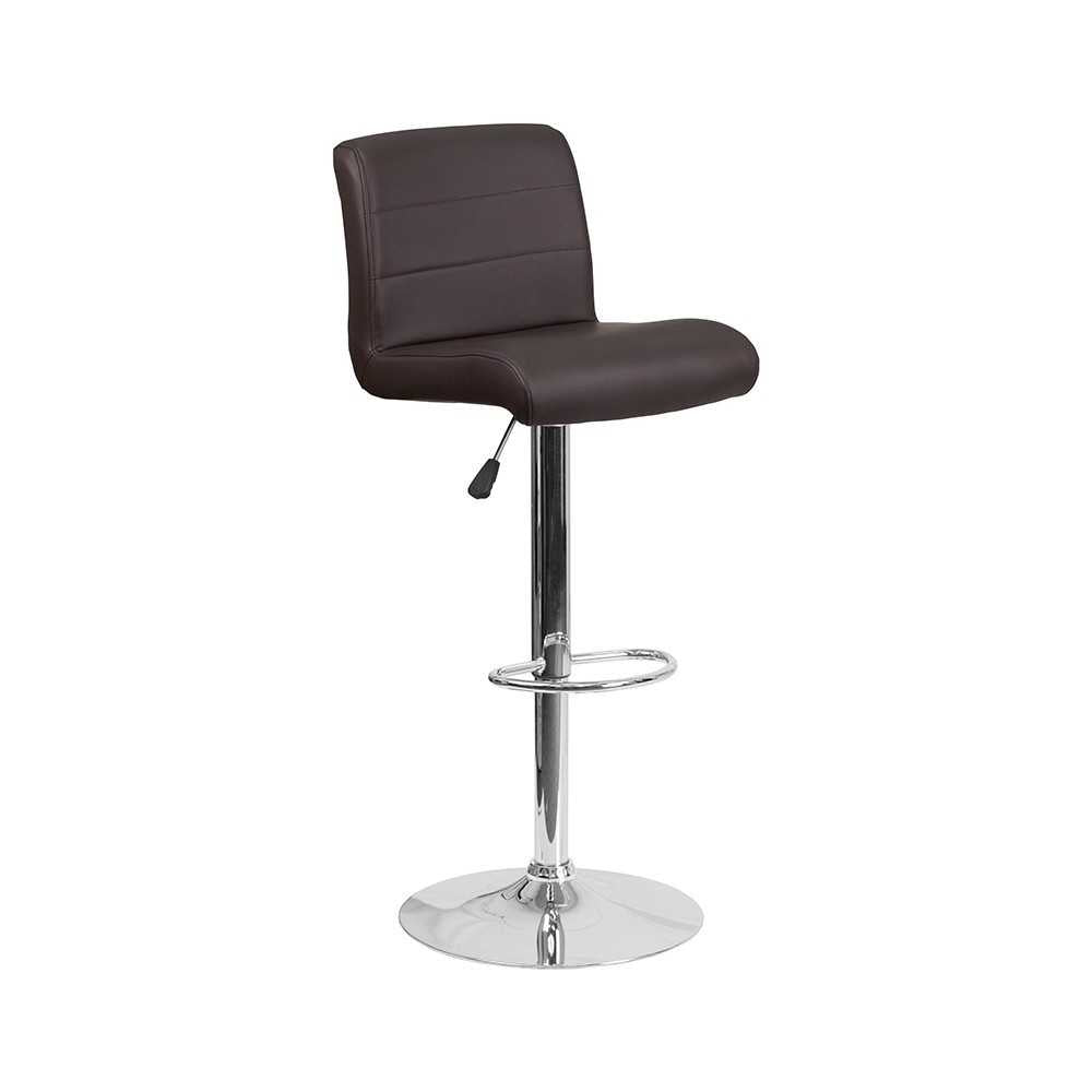 Contemporary Brown Vinyl Adjustable Height Barstool with Rolled Seat and Chrome Base